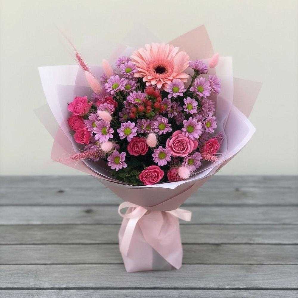 Букет цветов из: Розы, Герберы и Хризантемы в Парфентьево